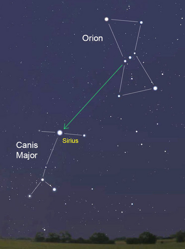 Three stars in Orion's Belt and Sirius